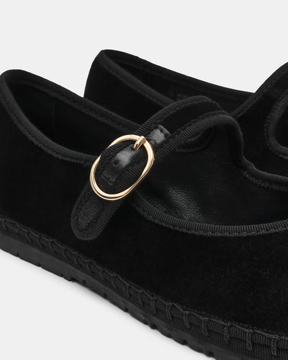 VELMA Black Velvet Mary Jane Gold-Detail Buckle Women's Flat - Steve Madden