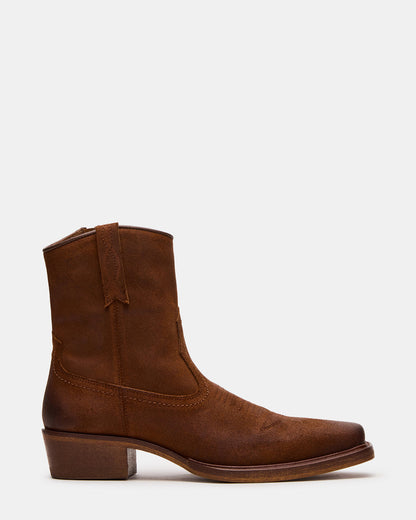 SANDERSON Dark Tan Square-Toe Western Men's Ankle Boot - Steve Madden