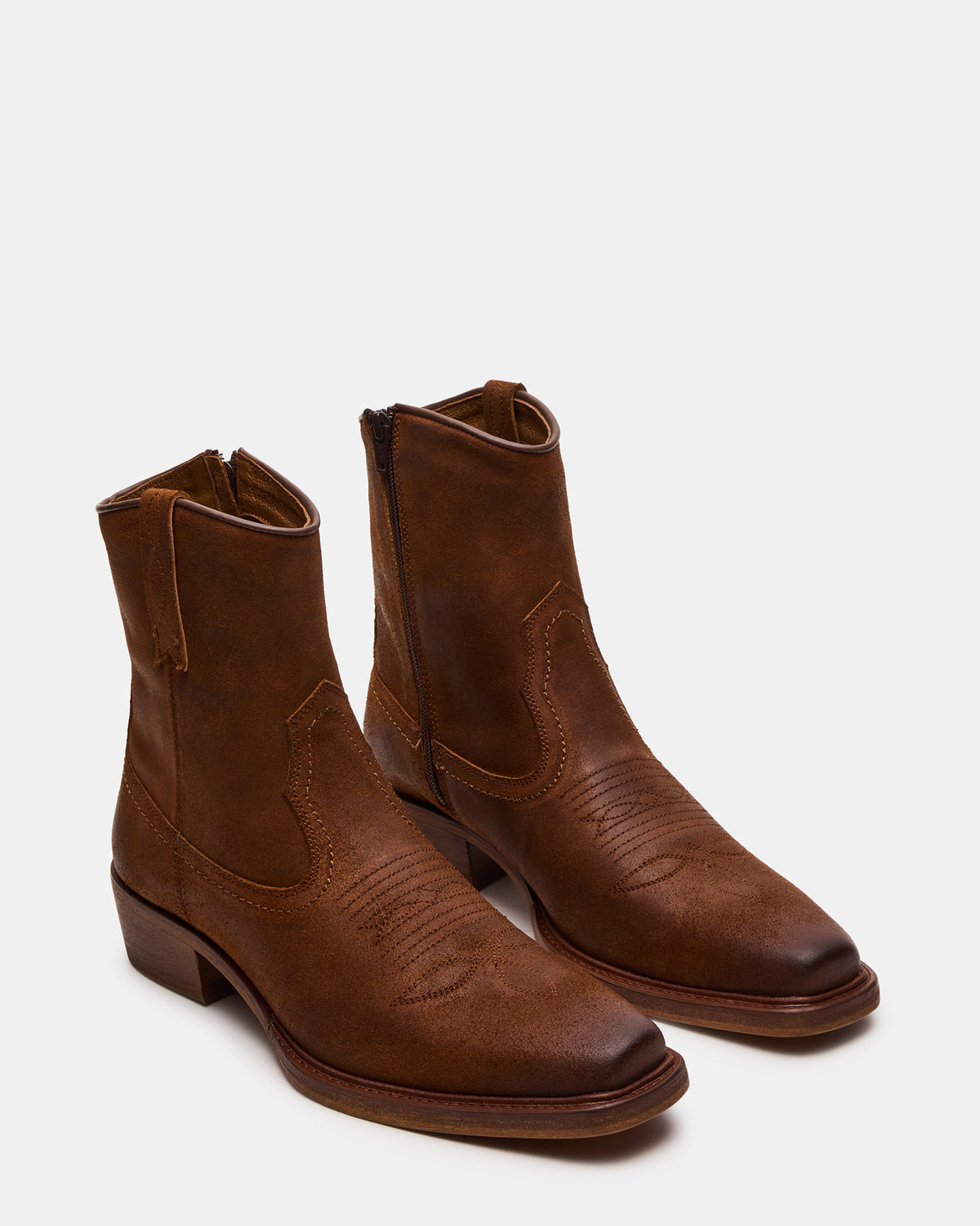 SANDERSON Dark Tan Square-Toe Western Men's Ankle Boot - Steve Madden