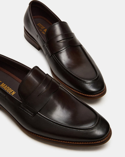 LIGHTNING Brown Leather Round-Toe Slip-On Men's Loafer - Steve Madden
