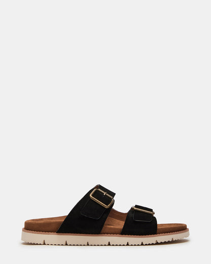CORBAN Black Suede Men's Double Buckle Closure Footbed Sandal - Steve Madden