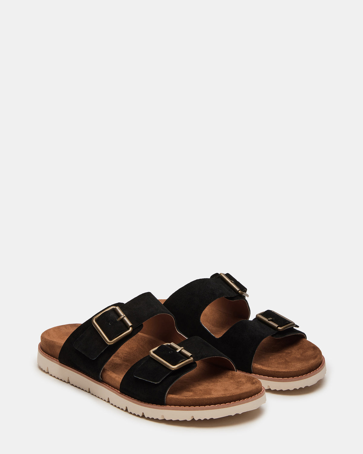 CORBAN Black Suede Men's Double Buckle Closure Footbed Sandal - Steve Madden