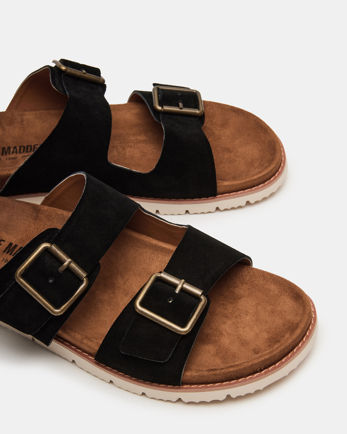CORBAN Black Suede Men's Double Buckle Closure Footbed Sandal - Steve Madden