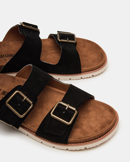 CORBAN Black Suede Men's Double Buckle Closure Footbed Sandal - Steve Madden