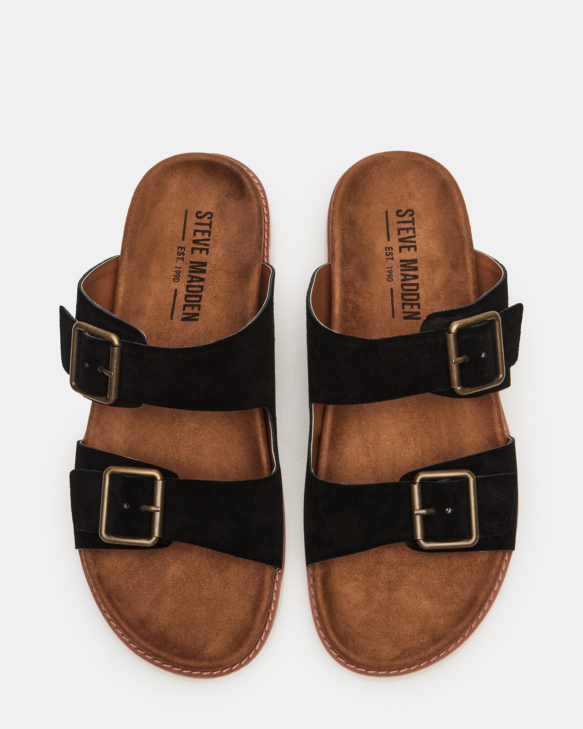 CORBAN Black Suede Men's Double Buckle Closure Footbed Sandal - Steve Madden