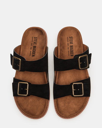 CORBAN Black Suede Men's Double Buckle Closure Footbed Sandal - Steve Madden