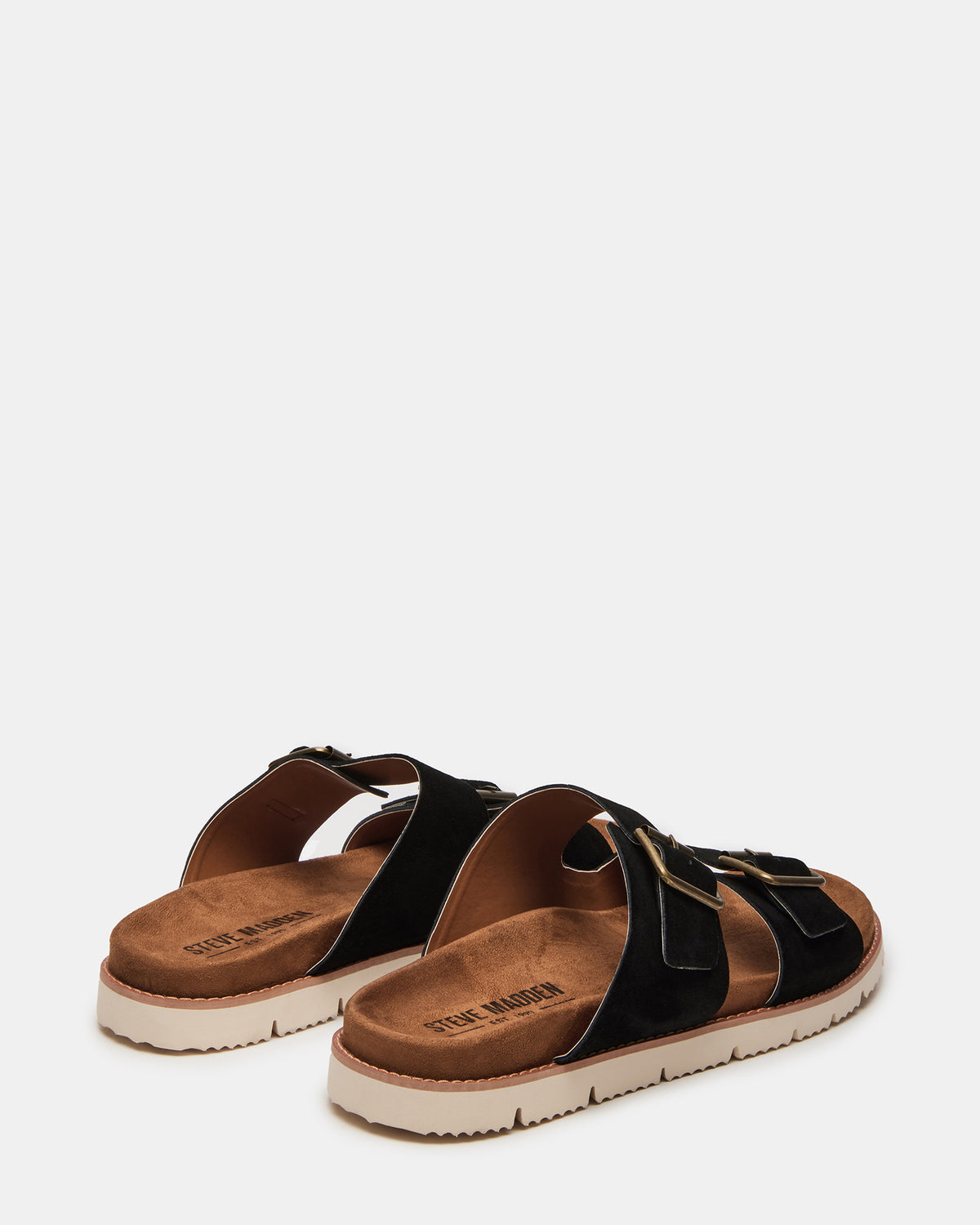 CORBAN Black Suede Men's Double Buckle Closure Footbed Sandal - Steve Madden