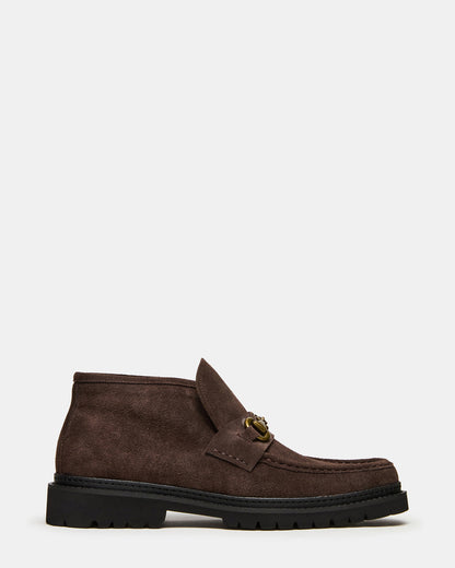 DEPUTY Chocolate Brown Suede Horsebit Moc Toe Men's Casual Ankle Boot - Steve Madden