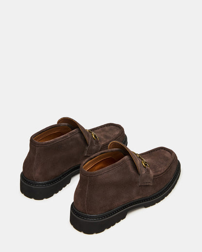 DEPUTY Chocolate Brown Suede Horsebit Moc Toe Men's Casual Ankle Boot - Steve Madden
