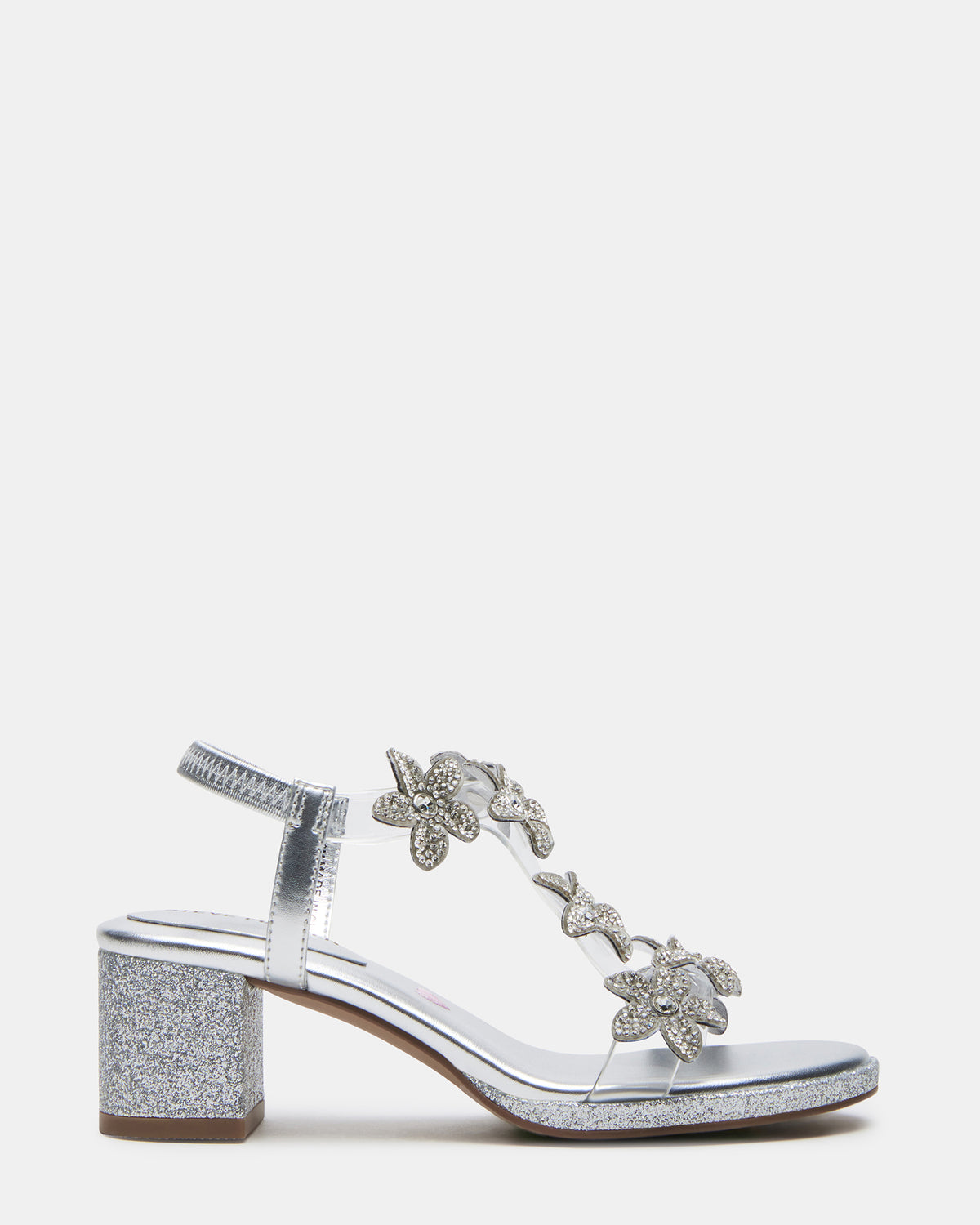 Kids' SAVVY Silver Girls' Strappy Rhinestone Block Heel - Steve Madden