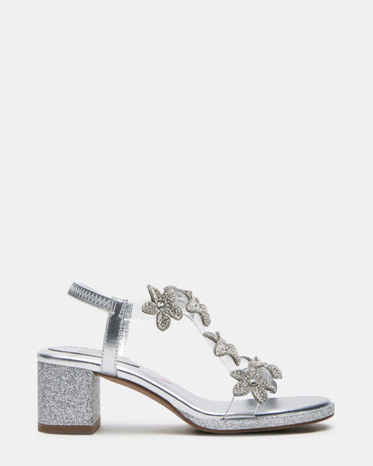 Kids' SAVVY Silver Girls' Strappy Rhinestone Block Heel - Steve Madden