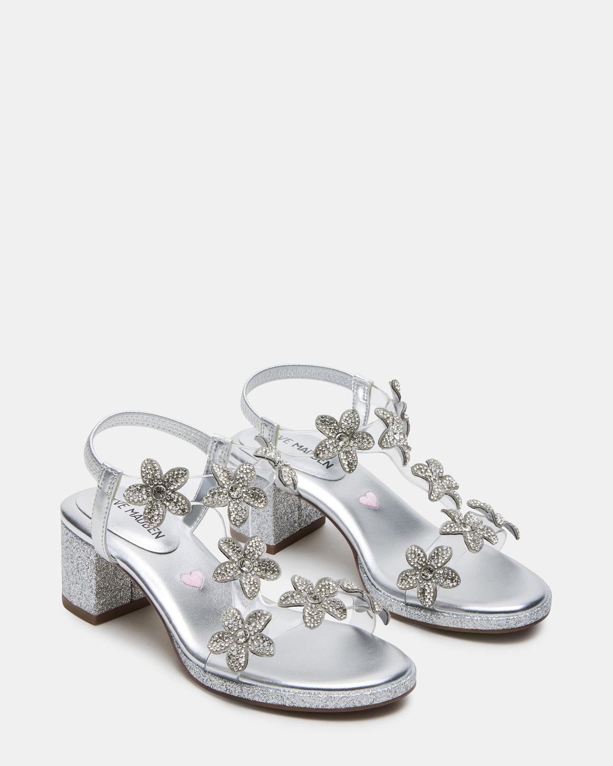 Kids' SAVVY Silver Girls' Strappy Rhinestone Block Heel - Steve Madden