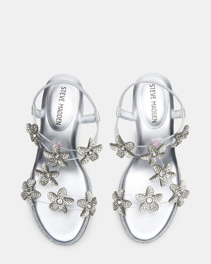 Kids' SAVVY Silver Girls' Strappy Rhinestone Block Heel - Steve Madden