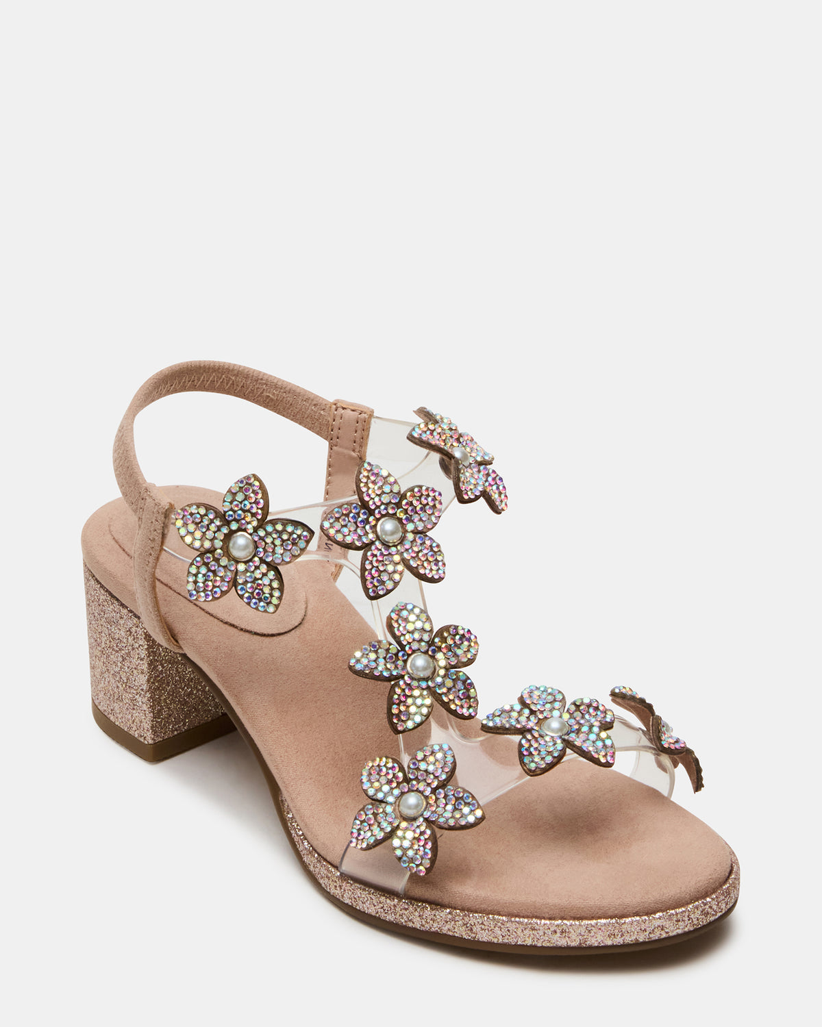 Kids' SAVVY Blush Girls' Strappy Rhinestone Block Heel - Steve Madden
