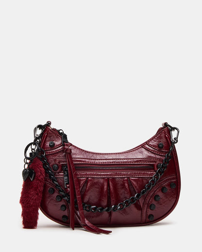 ERIKA Bag Wine Rhinestone Embellished Studded Crinkle Moto Crossbody Handbag - Steve Madden