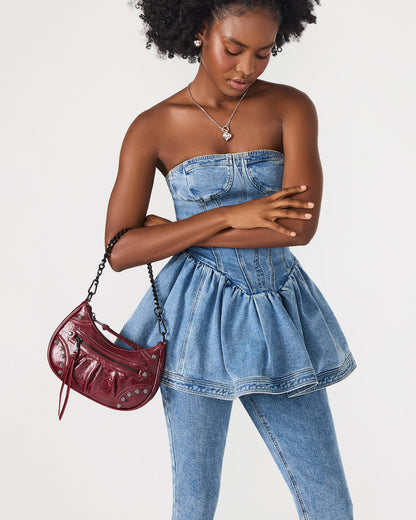 ERIKA Bag Wine Rhinestone Embellished Studded Crinkle Moto Crossbody Handbag - Steve Madden