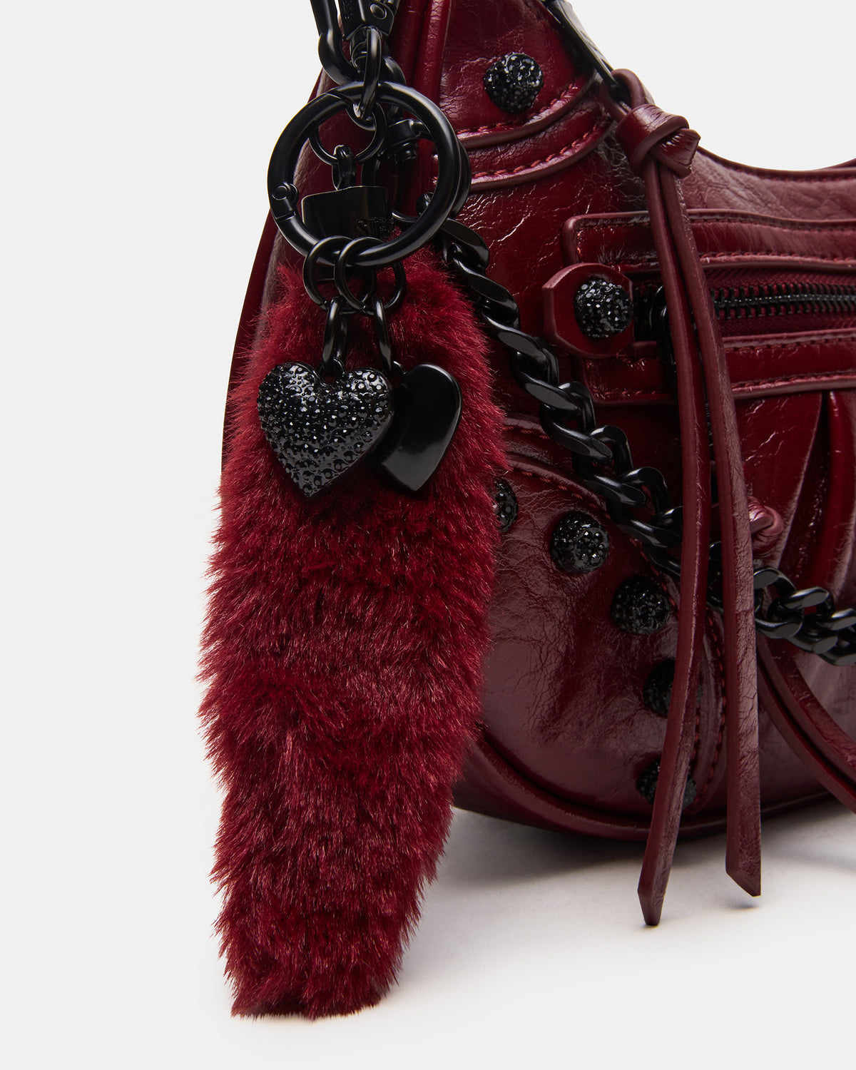ERIKA Bag Wine Rhinestone Embellished Studded Crinkle Moto Crossbody Handbag - Steve Madden