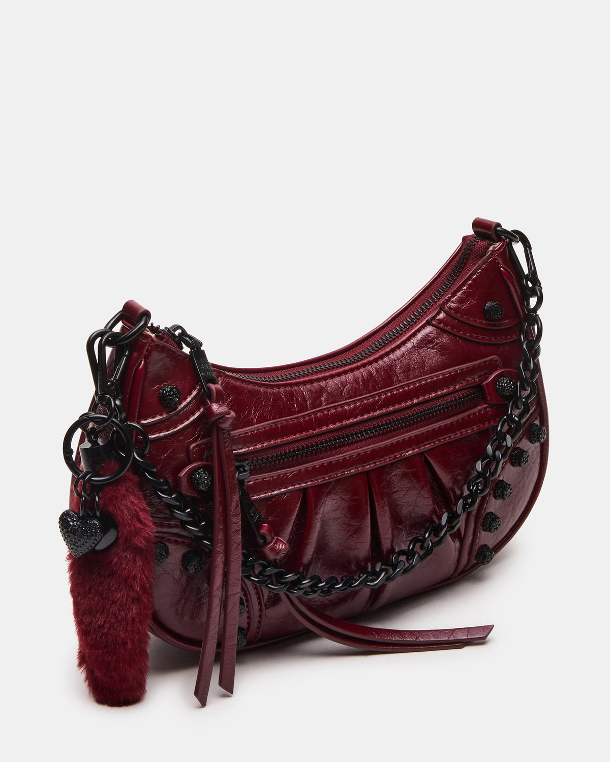 ERIKA Bag Wine Rhinestone Embellished Studded Crinkle Moto Crossbody Handbag - Steve Madden
