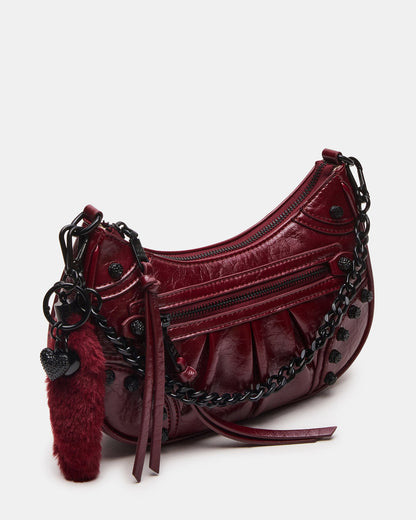 ERIKA Bag Wine Rhinestone Embellished Studded Crinkle Moto Crossbody Handbag - Steve Madden