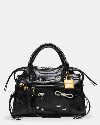 RIGGS Bag Embellished Black Distressed Slouchy Top-Handle Crossbody Satchel Handbag - Steve Madden