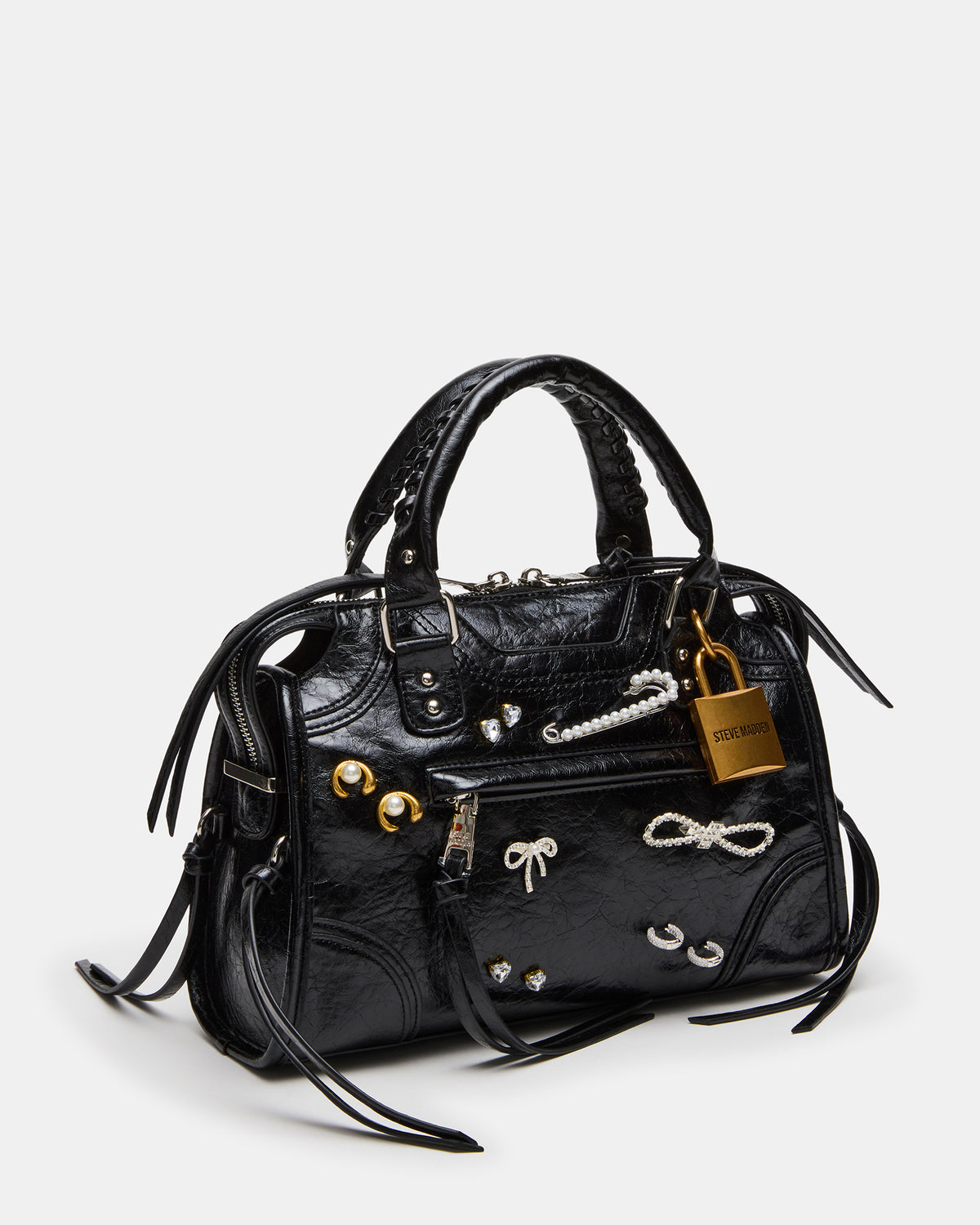 RIGGS Bag Embellished Black Distressed Slouchy Top-Handle Crossbody Satchel Handbag - Steve Madden