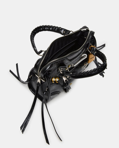 RIGGS Bag Embellished Black Distressed Slouchy Top-Handle Crossbody Satchel Handbag - Steve Madden