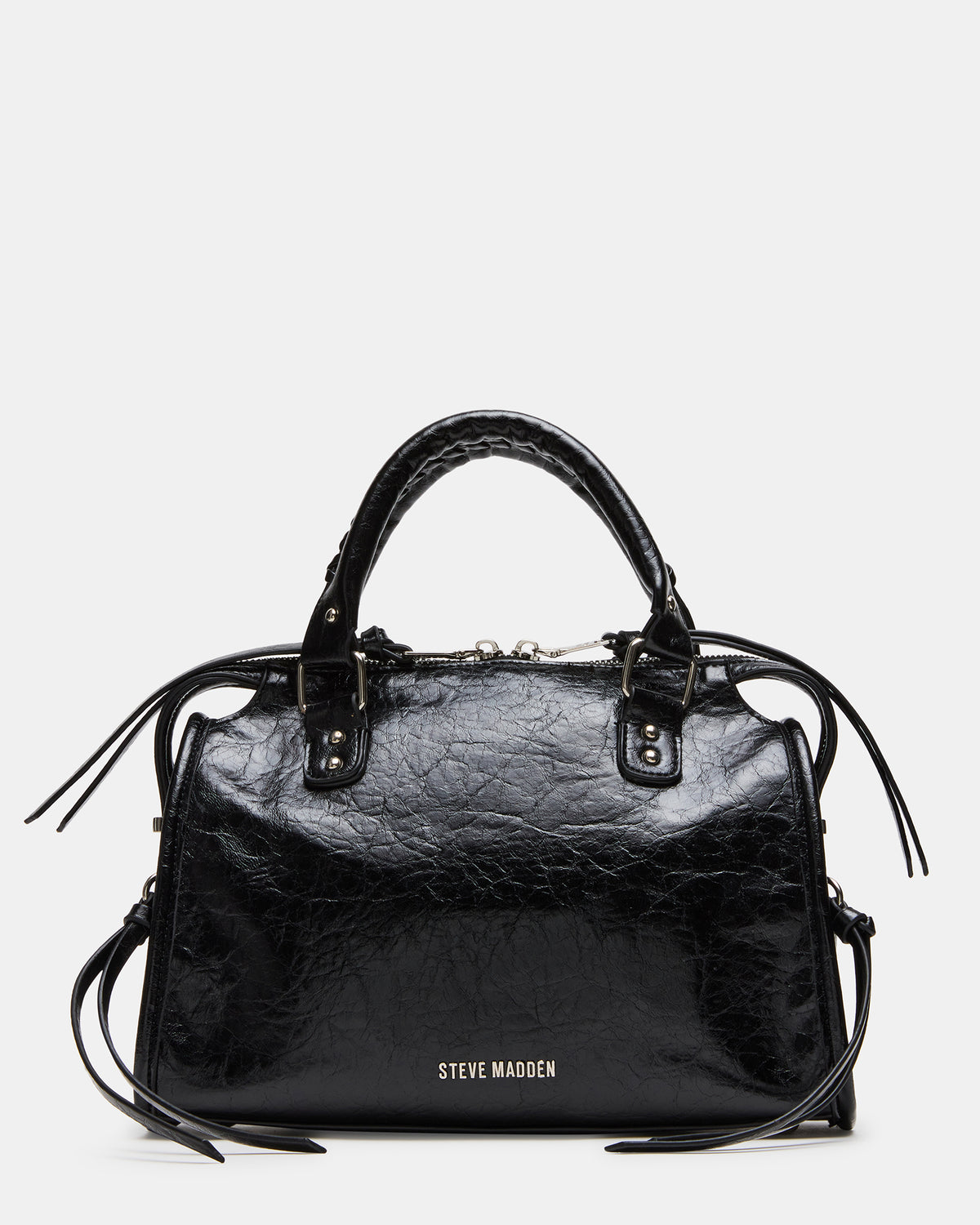 RIGGS Bag Embellished Black Distressed Slouchy Top-Handle Crossbody Satchel Handbag - Steve Madden