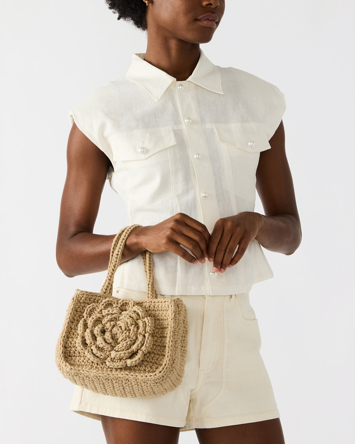 LUVLY Bag Natural Mini Top-Handle Flower Decal Crochet Crossbody Handbag - Steve Madden