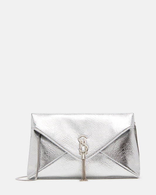 PARTAY Bag Silver Oversized Crinkle Envelope Logo Clutch Handbag - Steve Madden