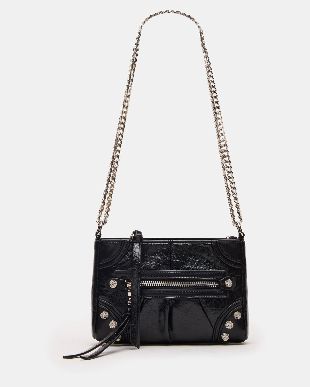 SKY Bag Black/Silver Moto Rhinestone Embellished Stud Crossbody Handbag - Steve Madden