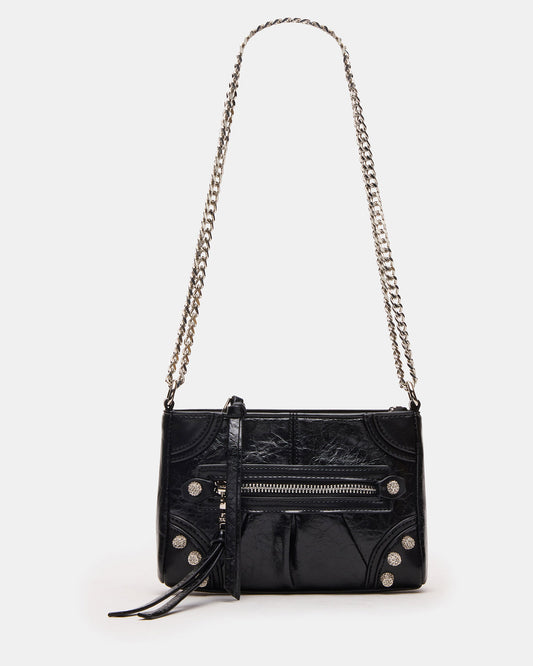 SKY Bag Black/Silver Moto Rhinestone Embellished Stud Crossbody Handbag - Steve Madden