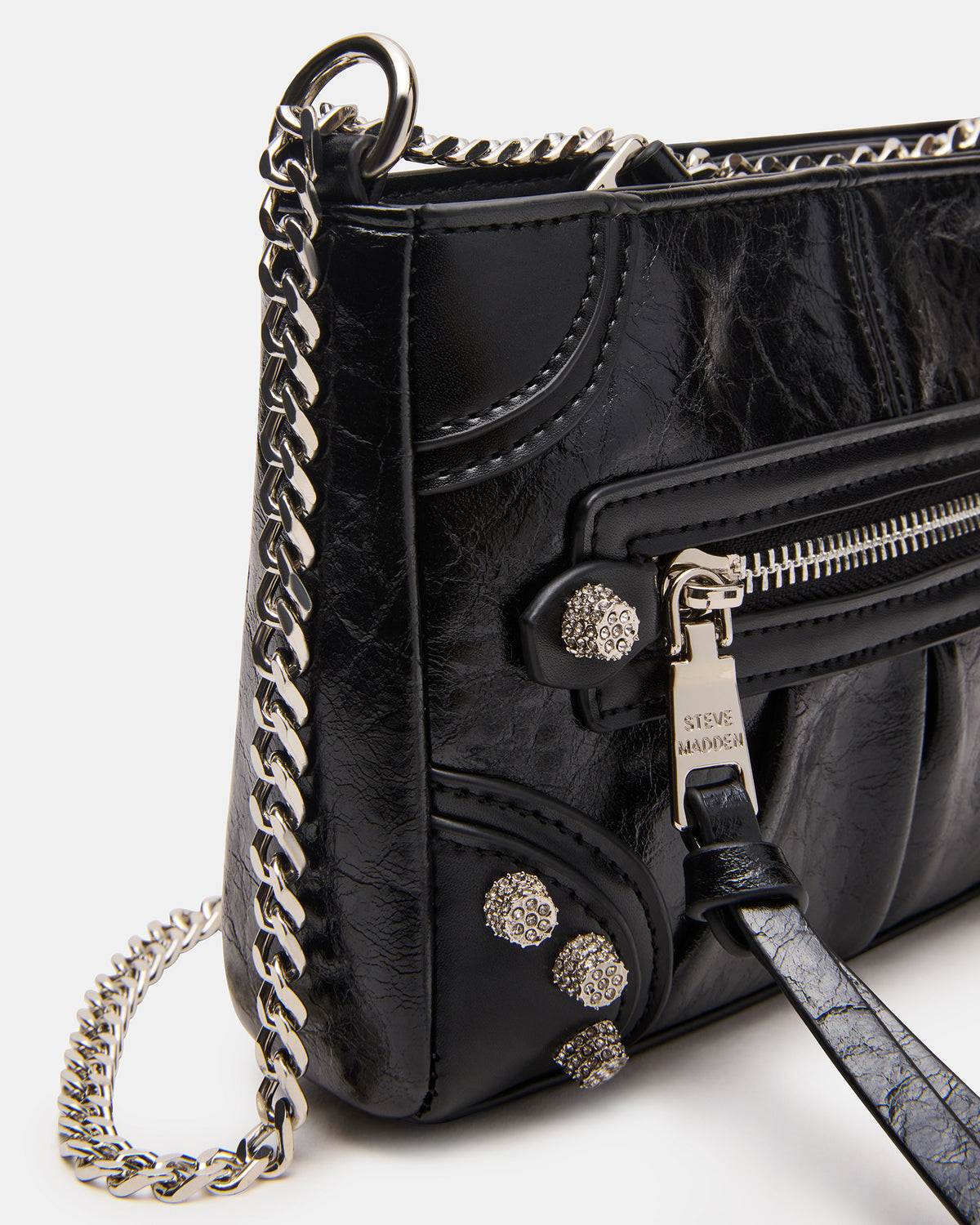 SKY Bag Black/Silver Moto Rhinestone Embellished Stud Crossbody Handbag - Steve Madden