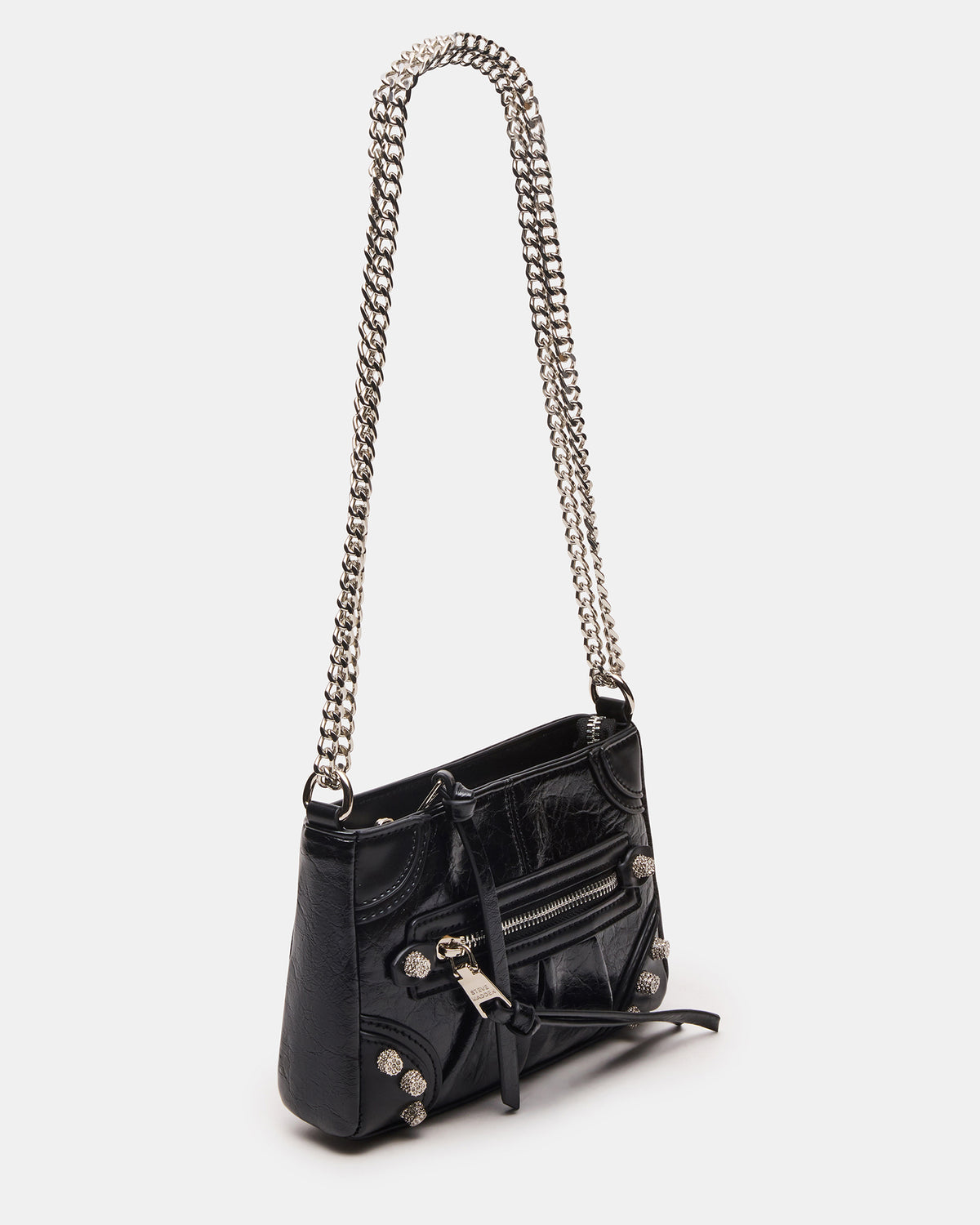 SKY Bag Black/Silver Moto Rhinestone Embellished Stud Crossbody Handbag - Steve Madden