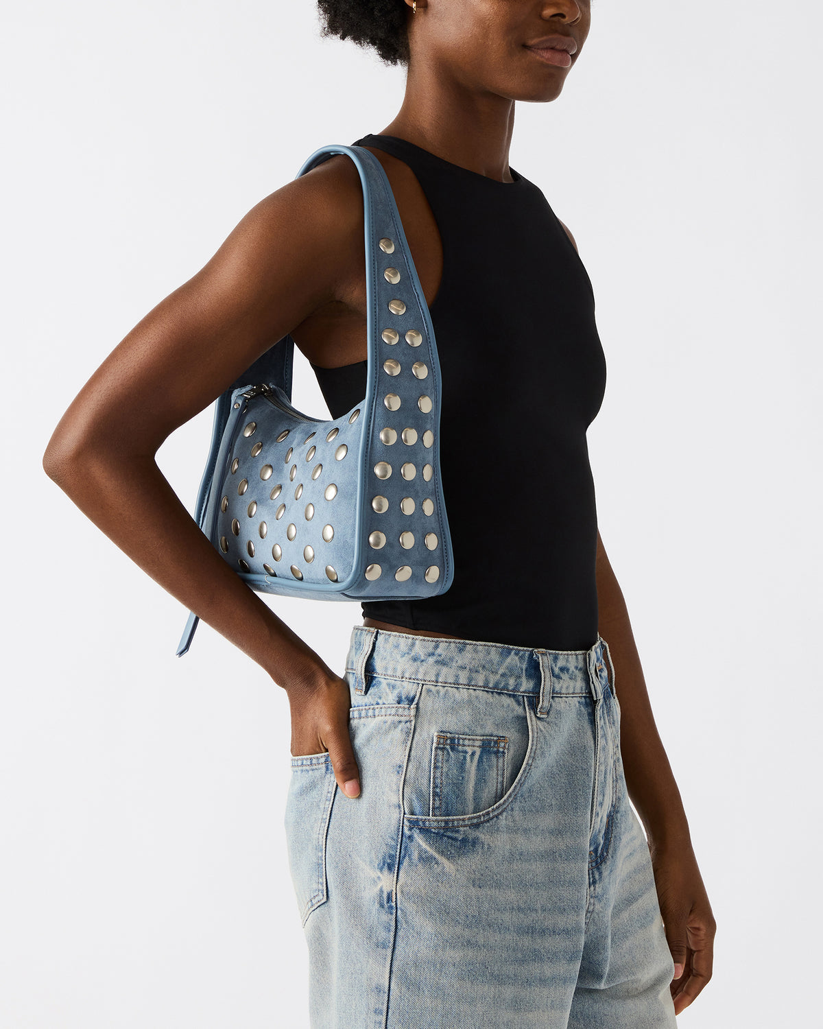 CHEYANN Bag Light Blue Hobo Dome-Studded Shoulder Strap Women's Handbag - Steve Madden