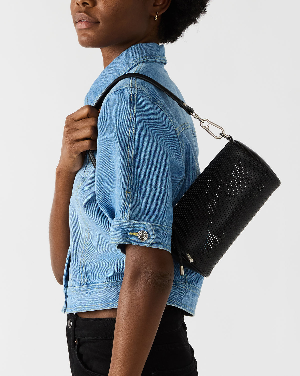 PRIYA Perforated Bag Black Mini Barrel Shoulder Handbag - Steve Madden