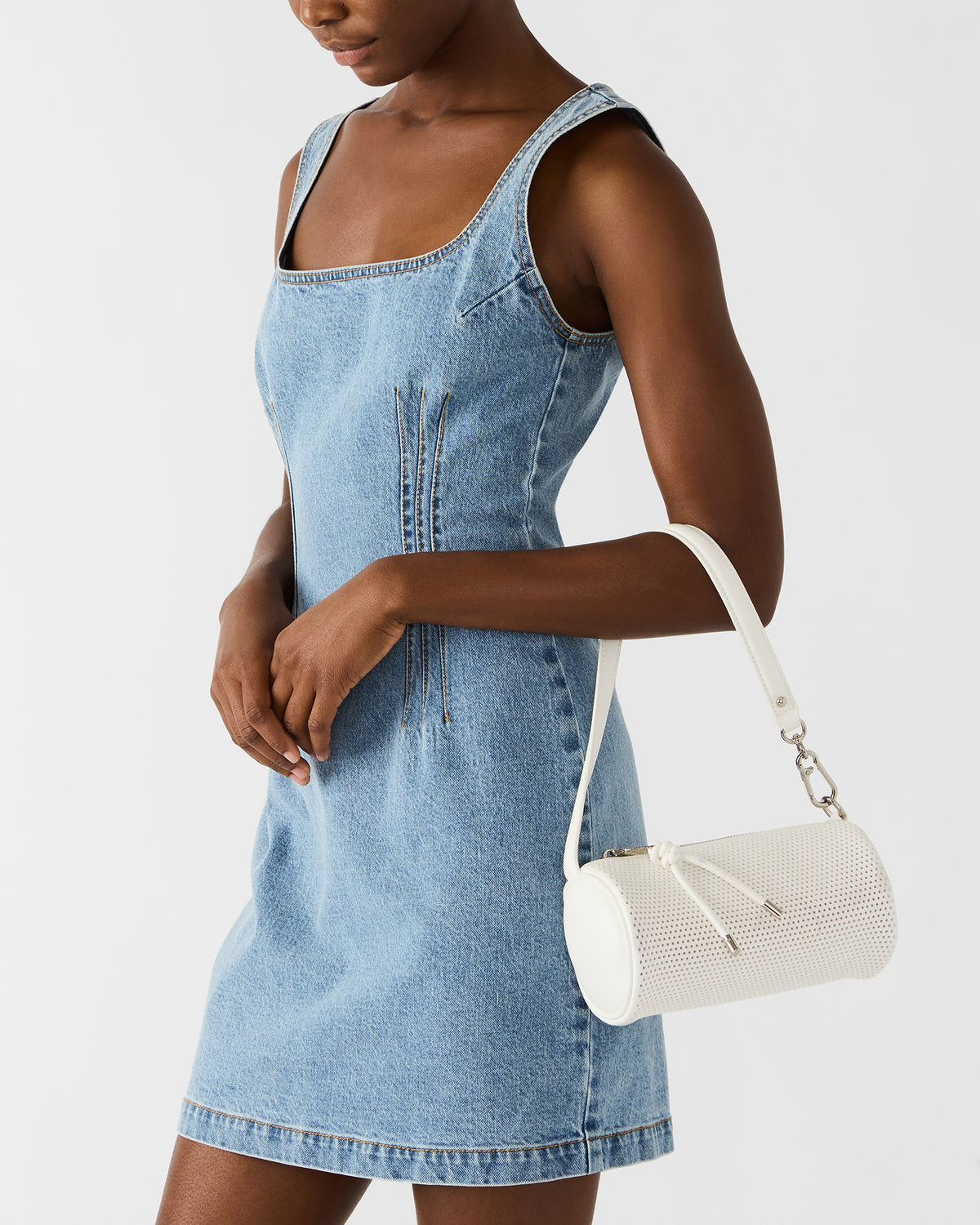 PRIYA Perforated Bag White Mini Barrel Shoulder Handbag - Steve Madden