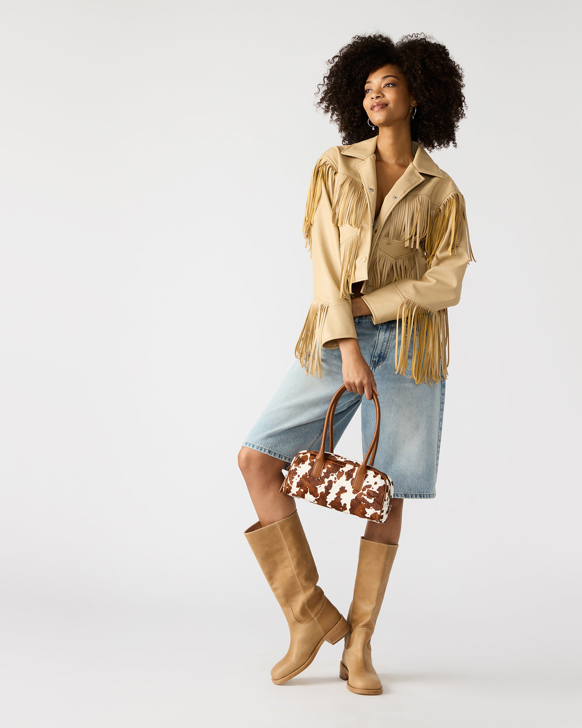 ANISE Bag Brown Cow Print Elongated Shoulder Strap Handbag - Steve Madden