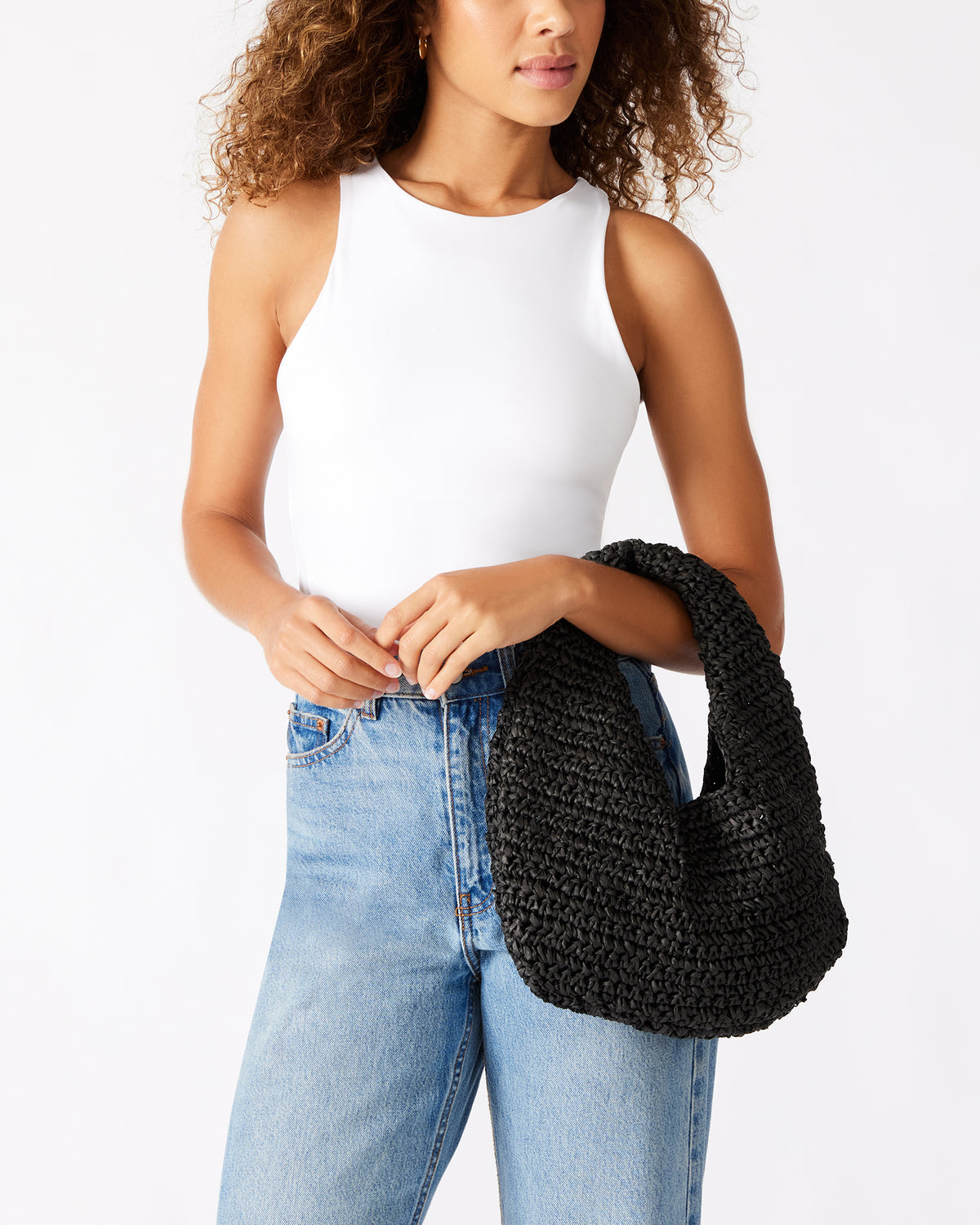 DAENRYS Black Women's Crescent Shaped Straw Shoulder Bag - Steve Madden