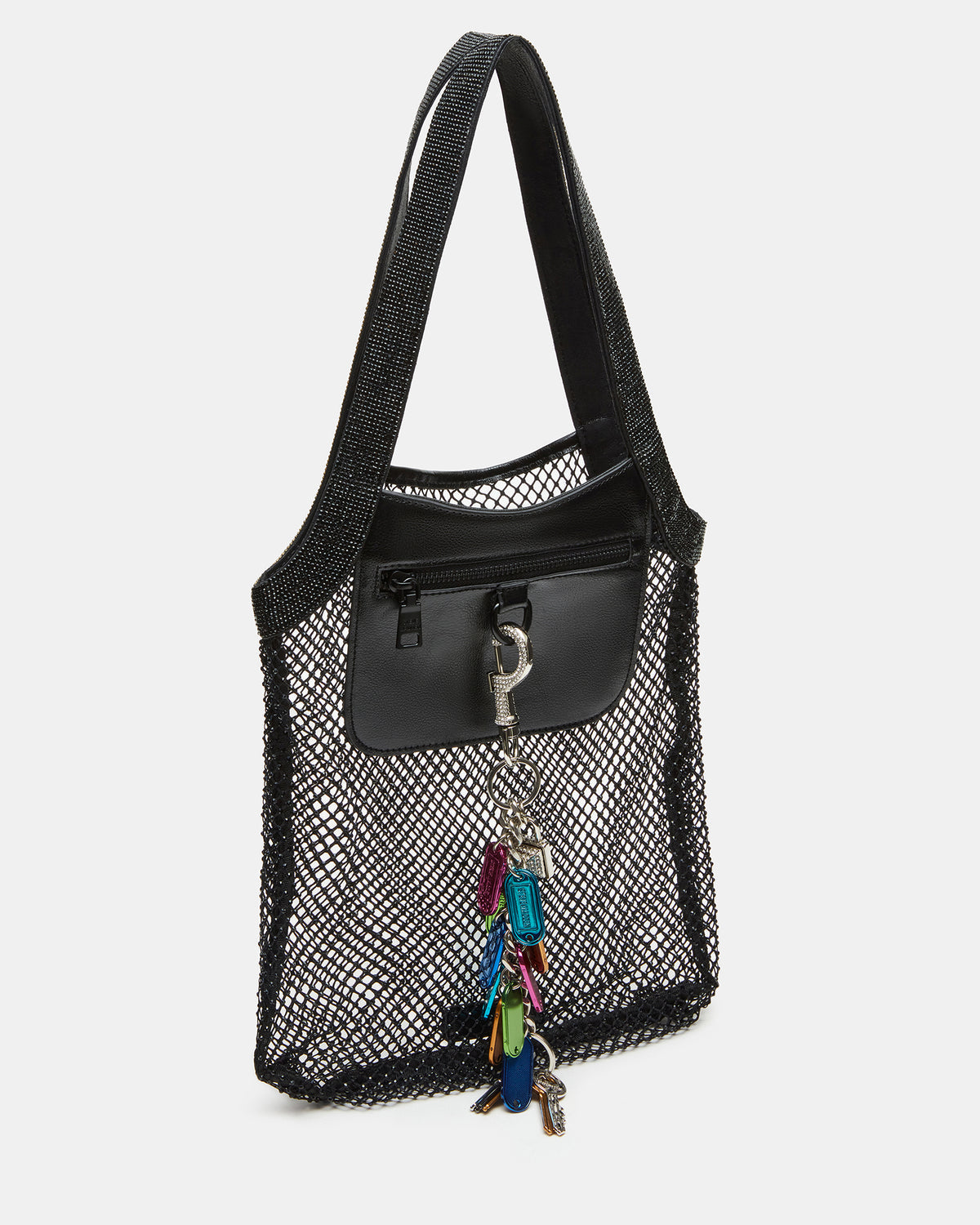 MAKIA Black Women's Crystal Rhinestone Shoulder Strap Net Tote Handbag - Steve Madden