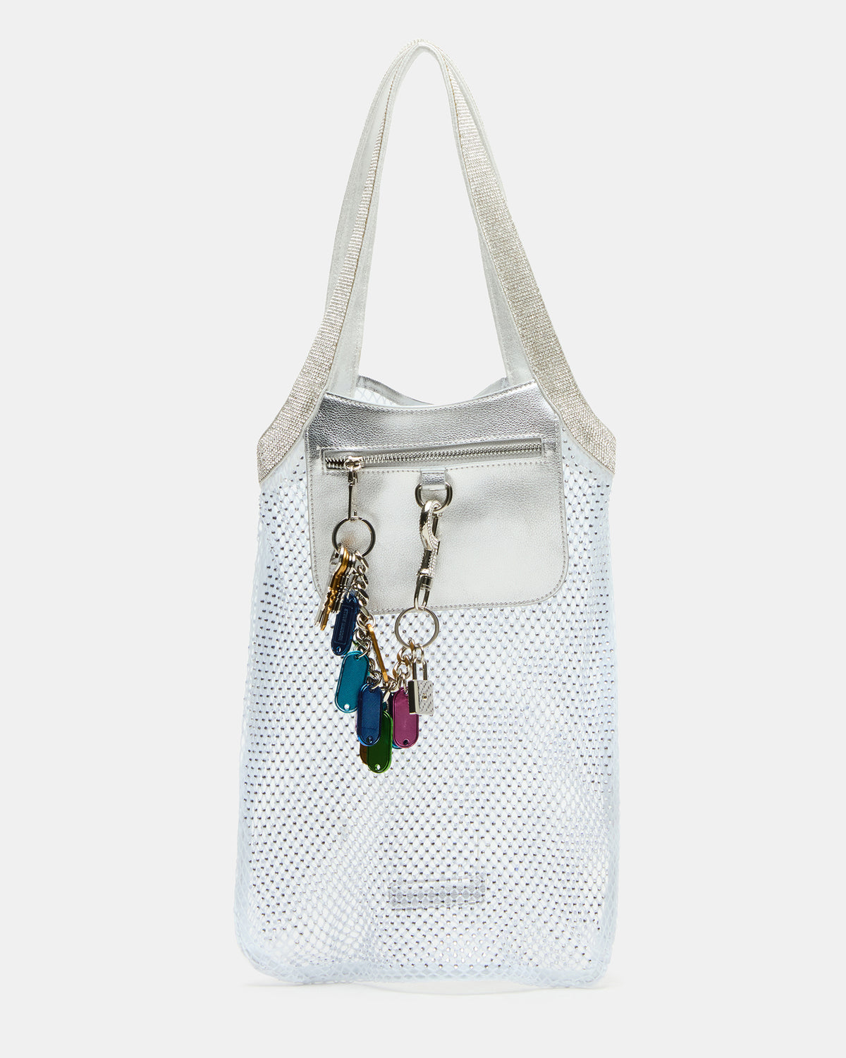 MAKIA White Women's Crystal Rhinestone Shoulder Strap Net Tote Handbag - Steve Madden