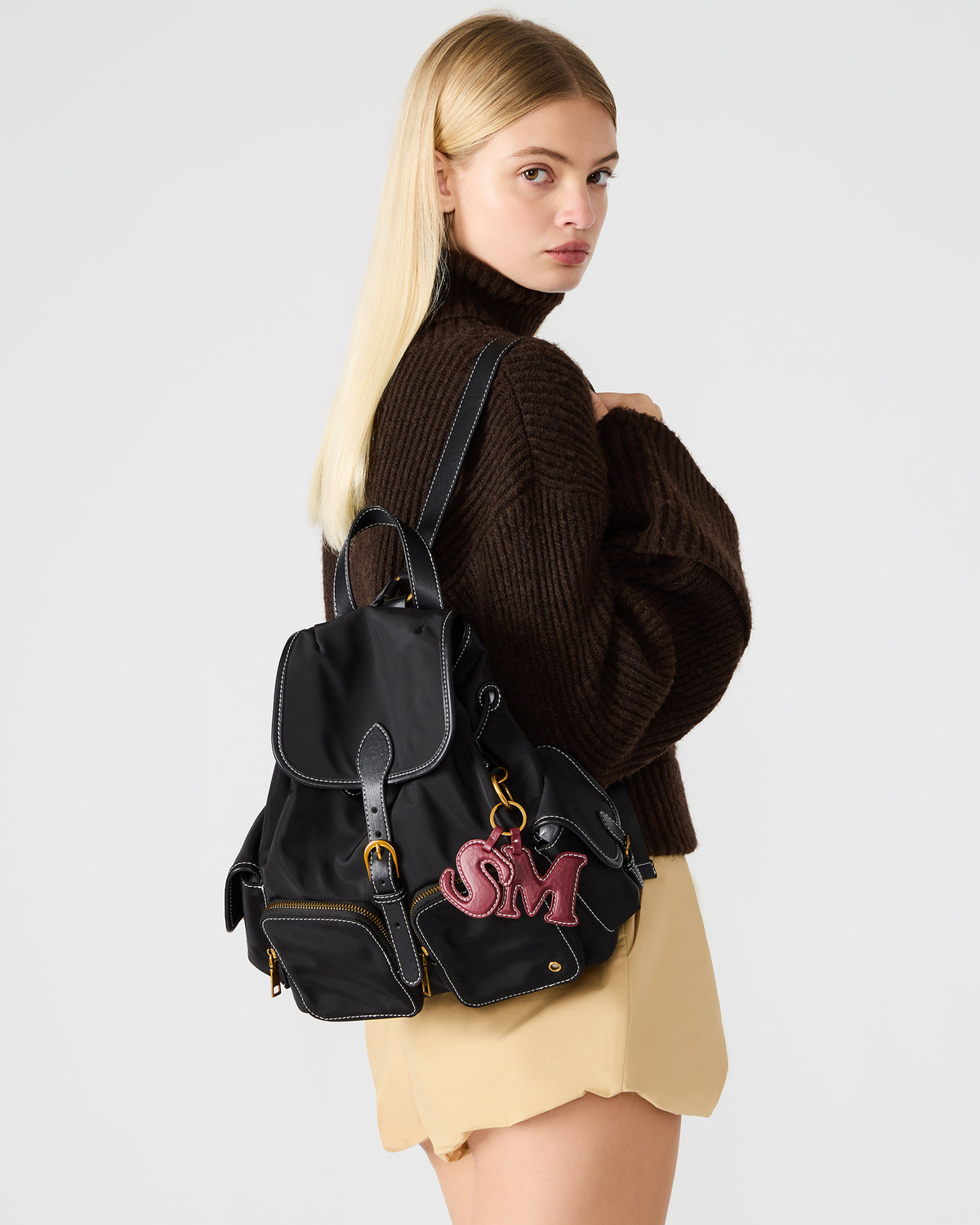STUDIO Bag Black Nylon Cargo Pocket Drawstring Women's Backpack Handbag - Steve Madden
