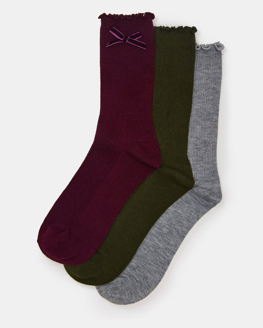 3 PACK FOLLY VELVET BOW RIB CREW SOCKS CHERRY Women's Lettuce Edge Delicate Bow Socks - Steve Madden