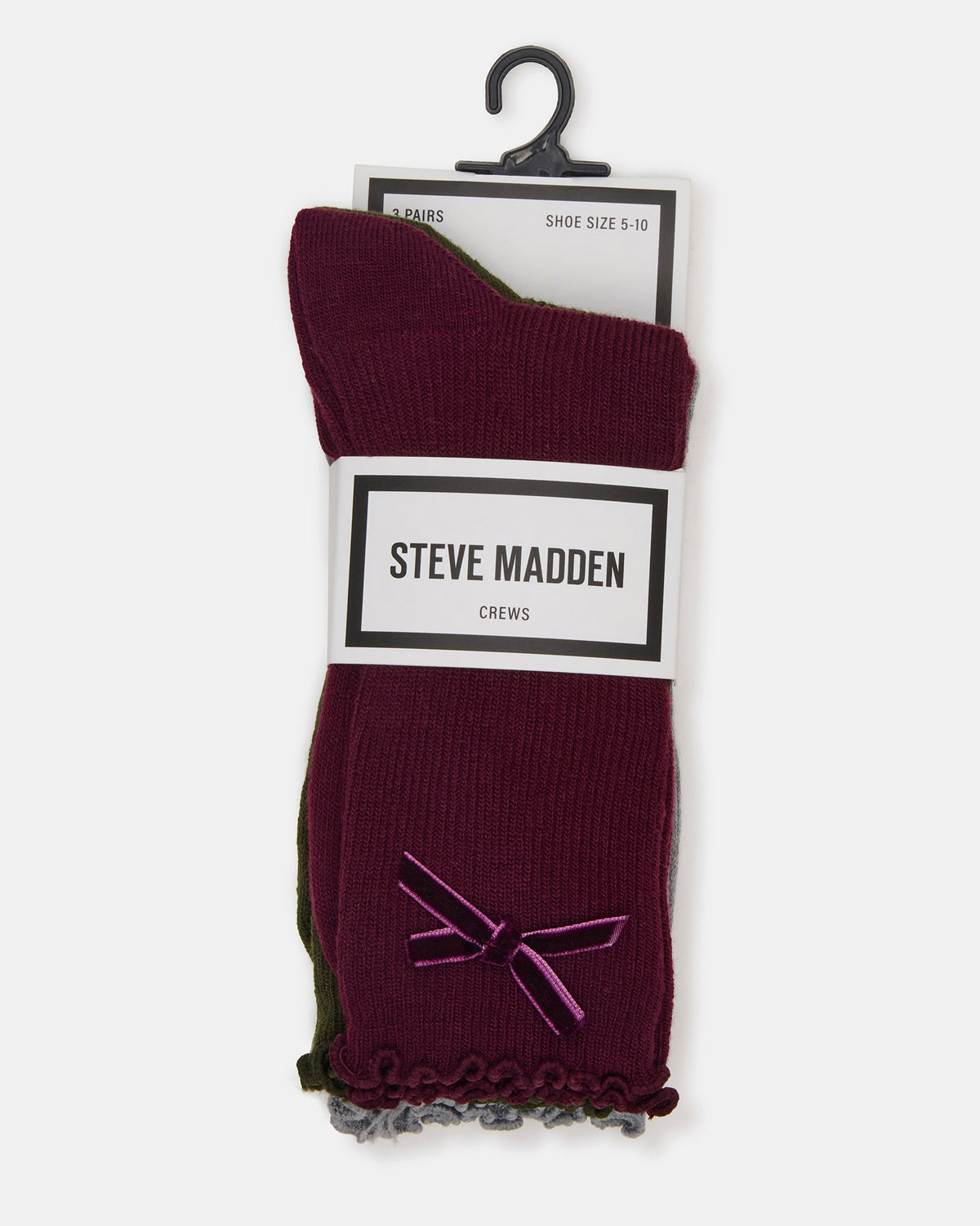 3 PACK FOLLY VELVET BOW RIB CREW SOCKS CHERRY Women's Lettuce Edge Delicate Bow Socks - Steve Madden