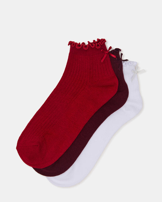 3 PACK MELODY LETTUCE EDGE BOW SOCKS RED MULTI Women's Bow Anklet Socks - Steve Madden