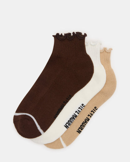 CHEER 3 PACK LETTUCE EDGE SOCKS Brown Women's Anklet Socks - Steve Madden