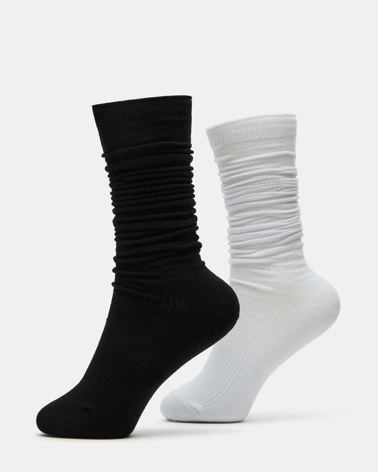 2 PACK SLOUCHY CREW SOCKS BLACK WHITE Scrunch Socks - Steve Madden