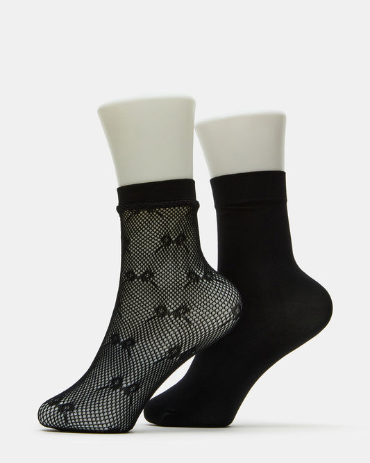 2 Pack Bow Fishnet Anklet Women's Lace Quarter Socks Black - Steve Madden