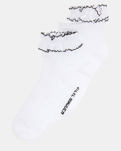 2 PACK AVA RUFFLE SOCKS WHITE Women's Double Ruffle Edge Anklet Socks - Steve Madden