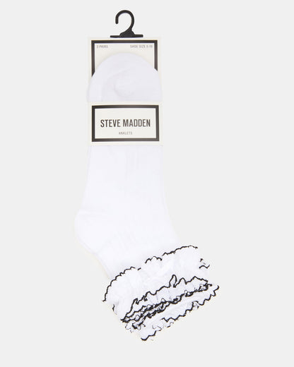 2 PACK AVA RUFFLE SOCKS WHITE Women's Double Ruffle Edge Anklet Socks - Steve Madden