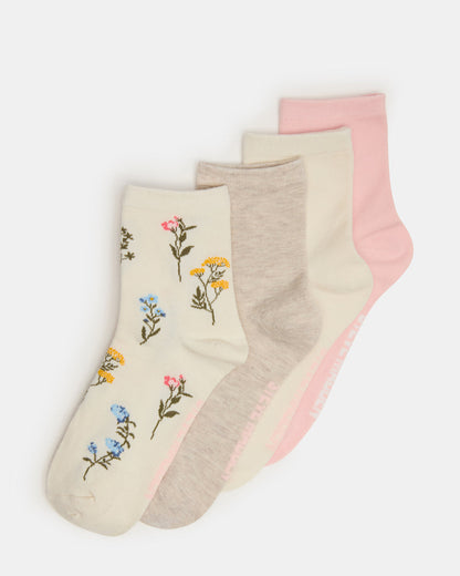 4 BLOOM PACK FLOWER SOCKS IVORY MULTI Women's Anklet Socks - Steve Madden